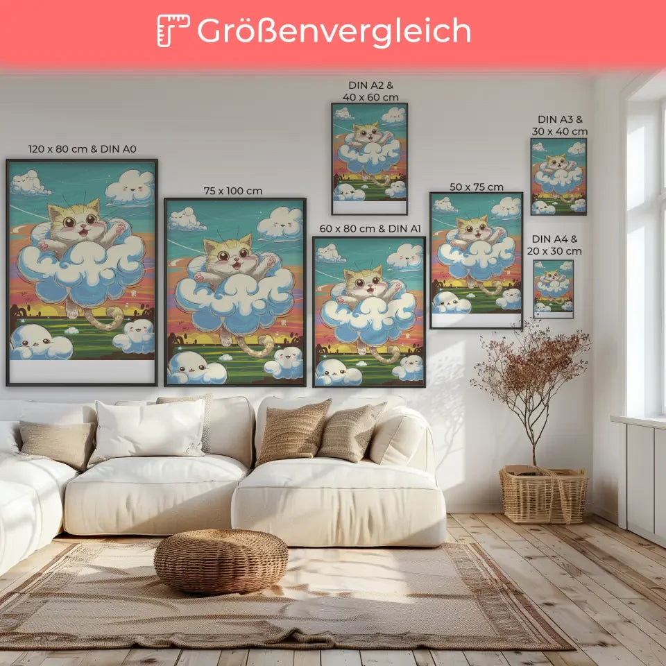 Poster süßes Kätzchen in Wolke mit Sonnenuntergang Kunst