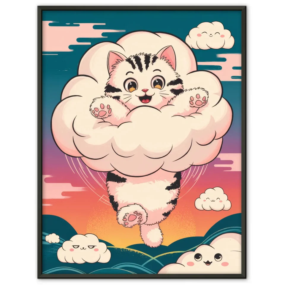 Bezauberndes Kätzchen Poster in Wolke mit Sonnenuntergangs-Himmel