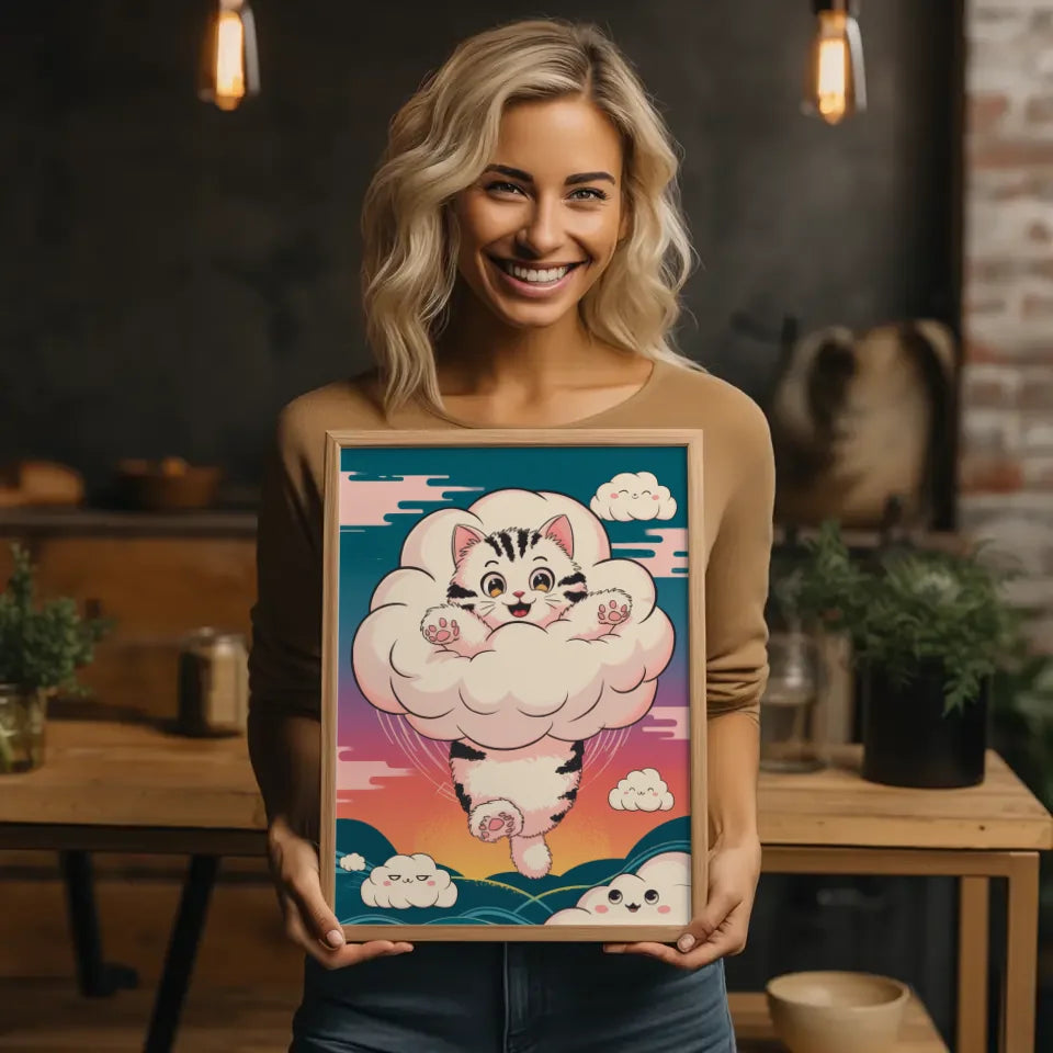 Bezauberndes Kätzchen Poster in Wolke mit Sonnenuntergangs-Himmel