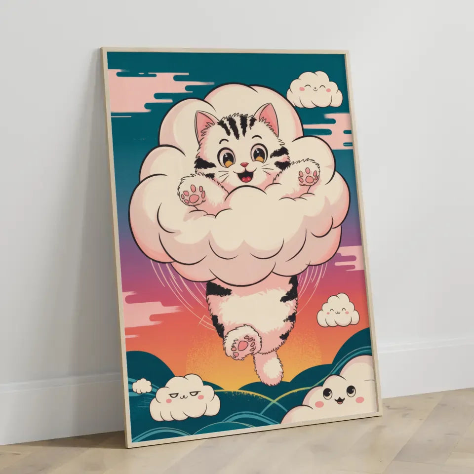 Bezauberndes Kätzchen Poster in Wolke mit Sonnenuntergangs-Himmel