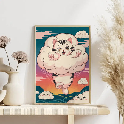 Bezauberndes Kätzchen Poster in Wolke mit Sonnenuntergangs-Himmel