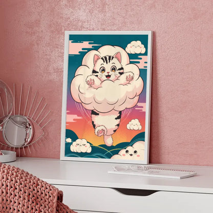 Bezauberndes Kätzchen Poster in Wolke mit Sonnenuntergangs-Himmel