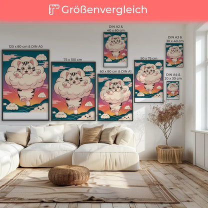 Bezauberndes Kätzchen Poster in Wolke mit Sonnenuntergangs-Himmel