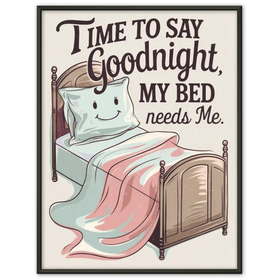 Künstlerisches Poster mit Bett und lächelm Kissen