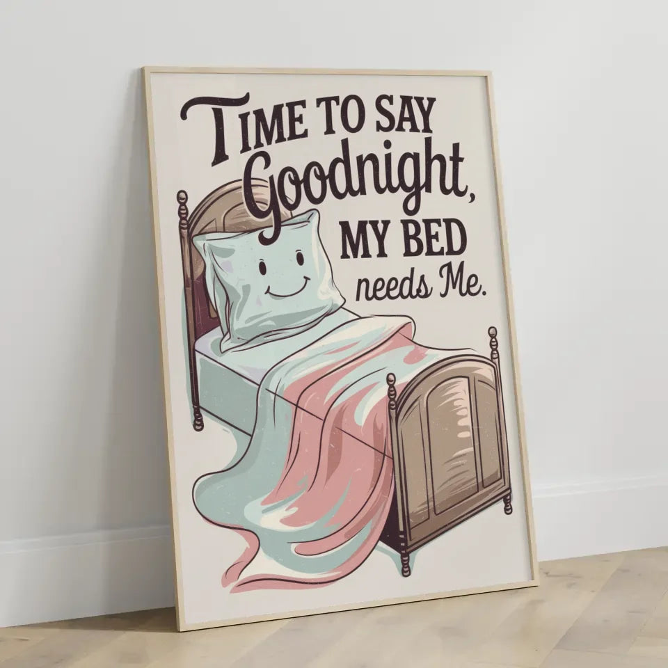 Künstlerisches Poster mit Bett und lächelm Kissen