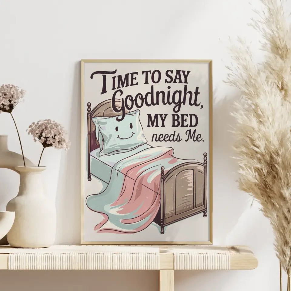 Künstlerisches Poster mit Bett und lächelm Kissen