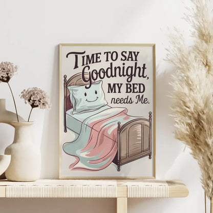 Künstlerisches Poster mit Bett und lächelm Kissen