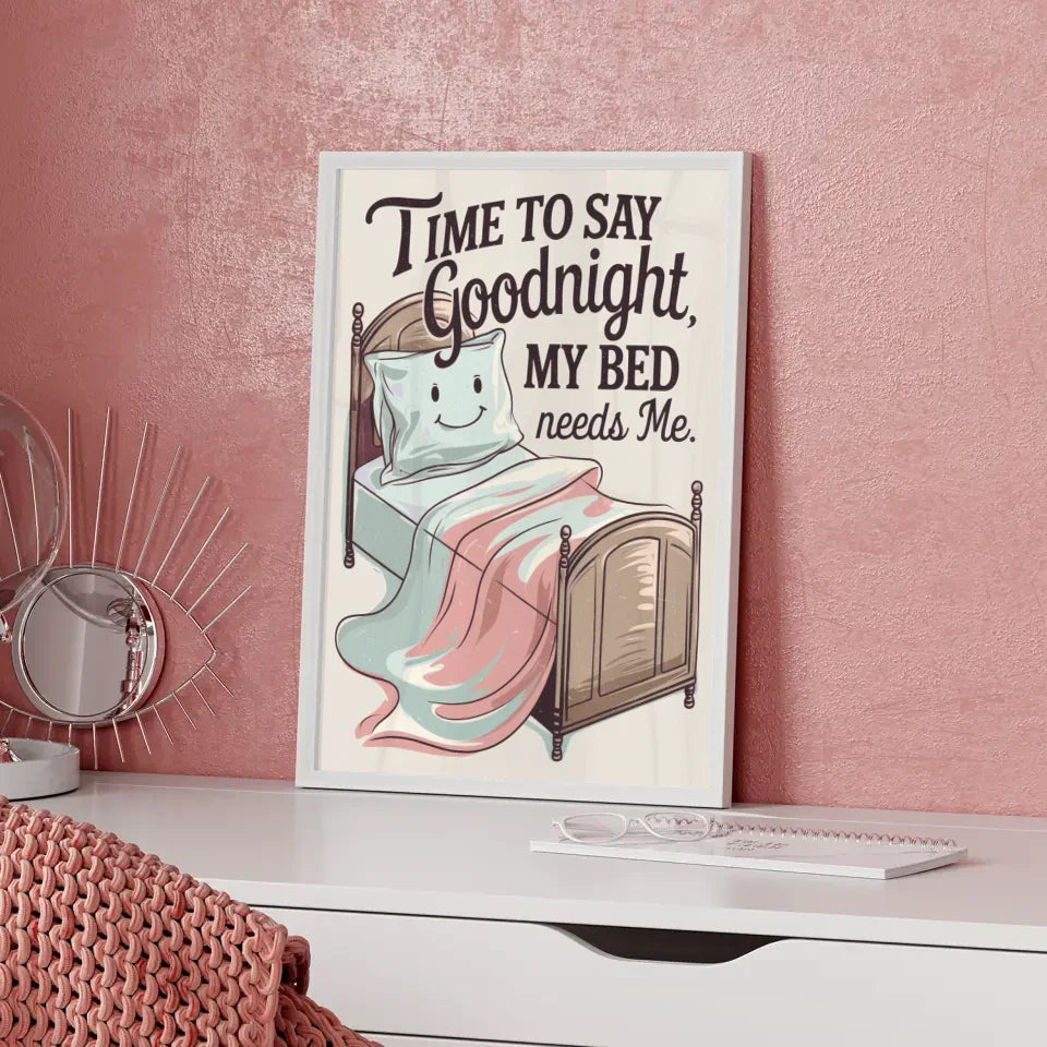 Künstlerisches Poster mit Bett und lächelm Kissen