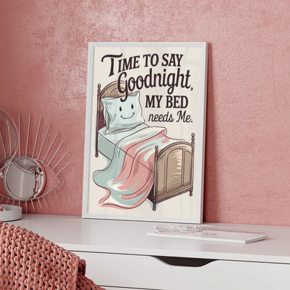 Künstlerisches Poster mit Bett und lächelm Kissen