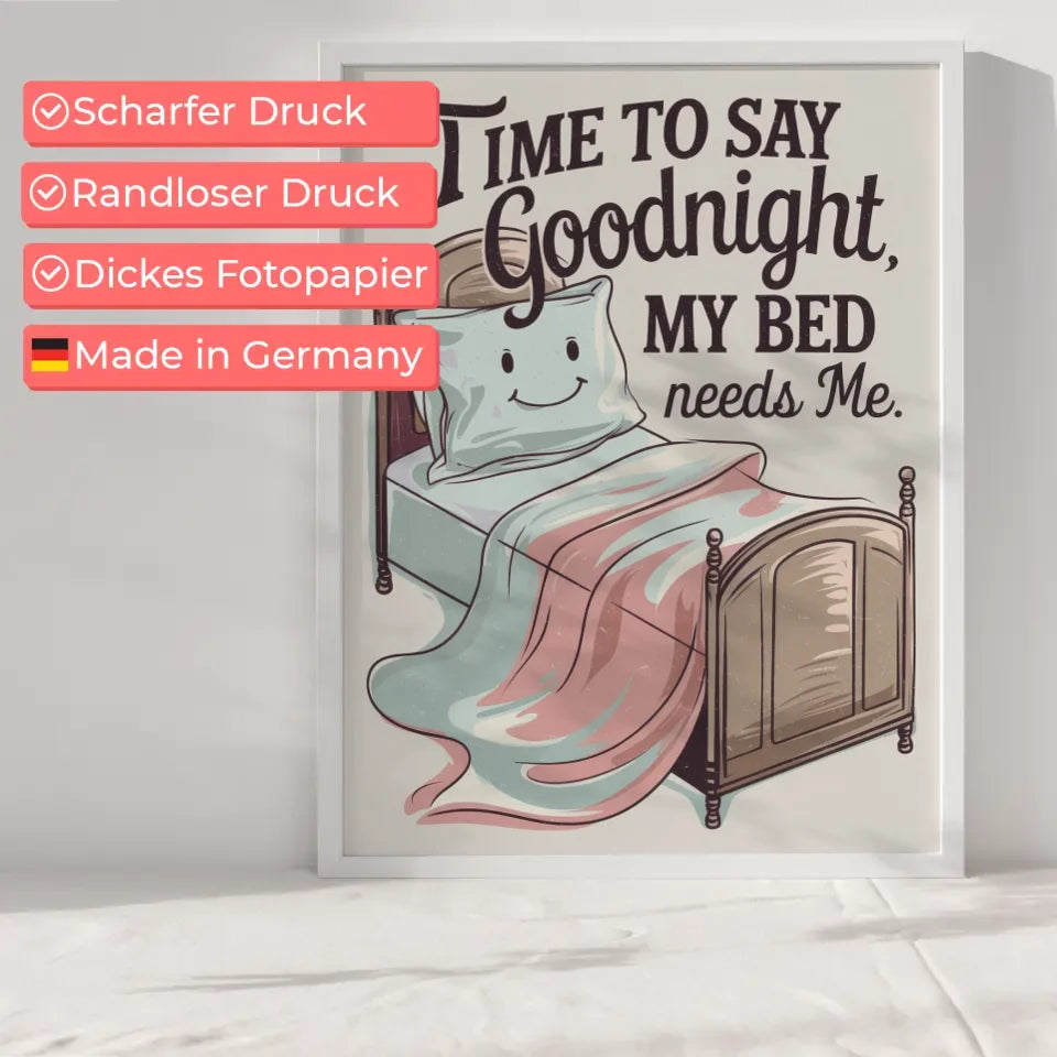 Künstlerisches Poster mit Bett und lächelm Kissen
