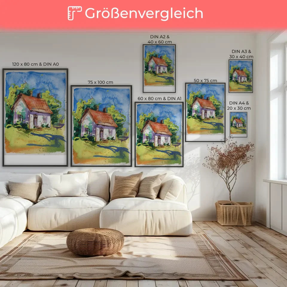 Poster eines malerischen Landhauses in lebendiger Natur gestalten