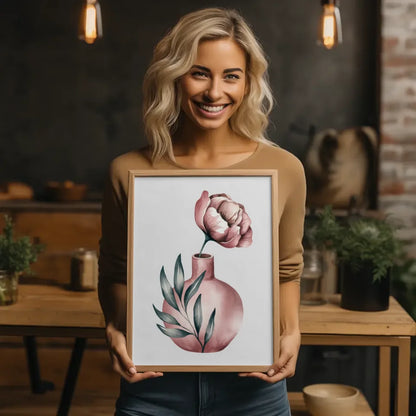 Minimalistische Aquarellillustration Poster mit rosa Blume in Vase