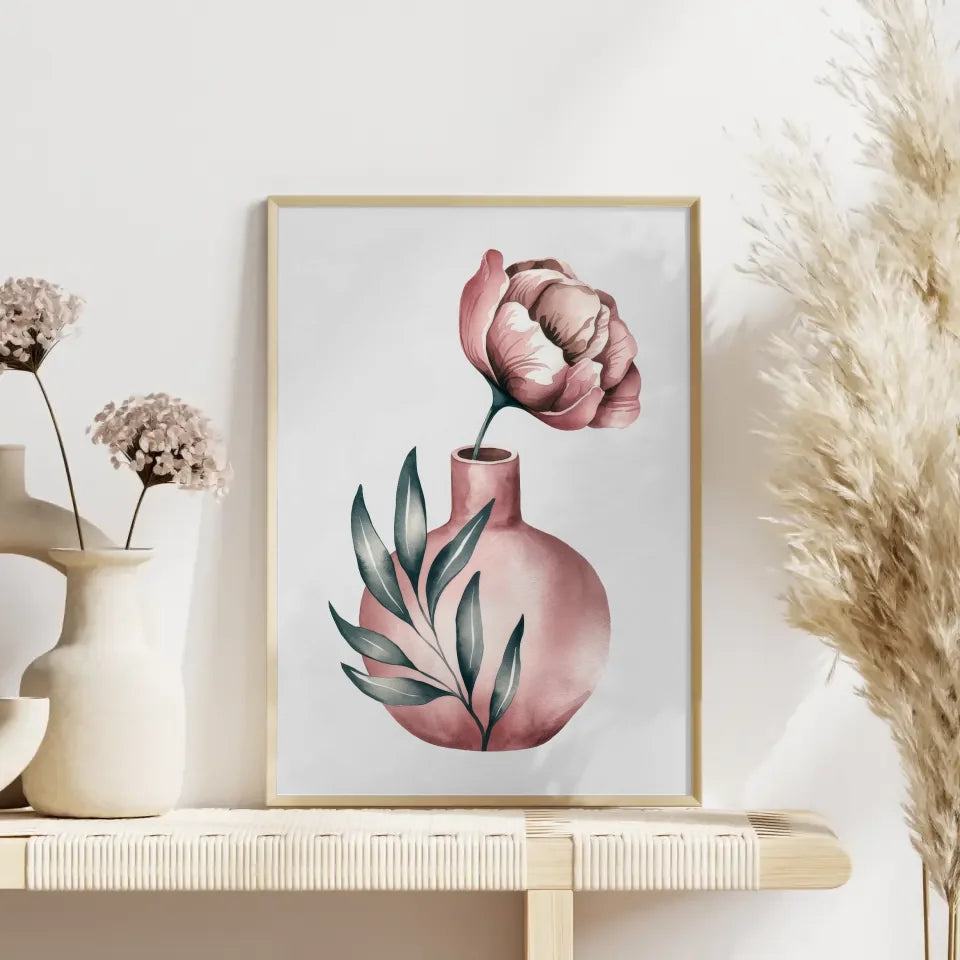 Minimalistische Aquarellillustration Poster mit rosa Blume in Vase