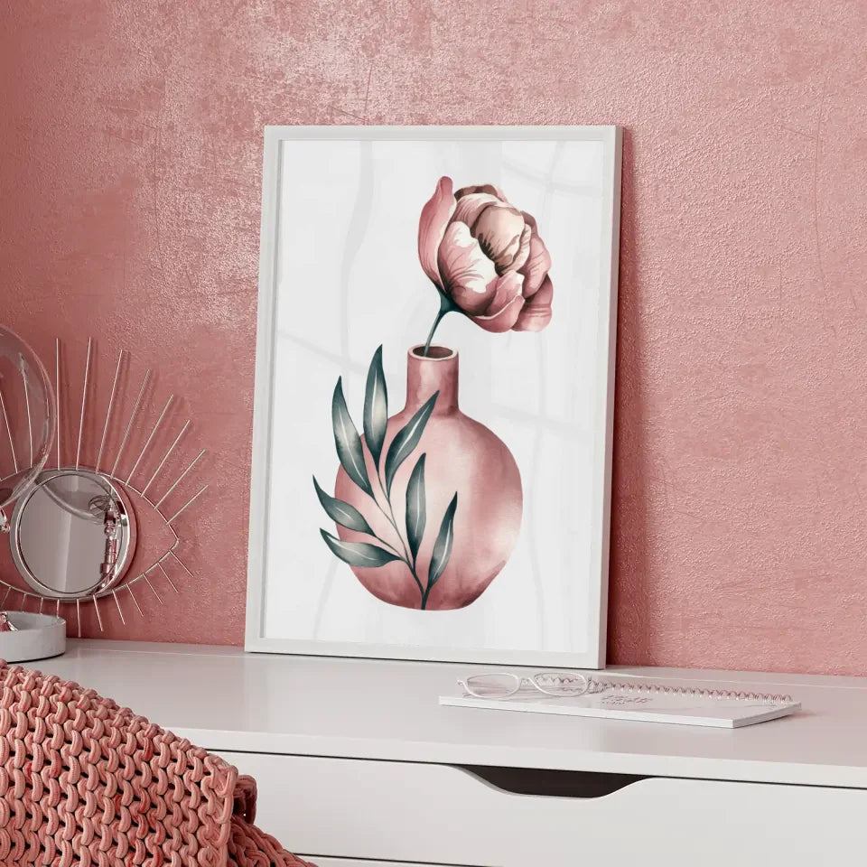 Minimalistische Aquarellillustration Poster mit rosa Blume in Vase