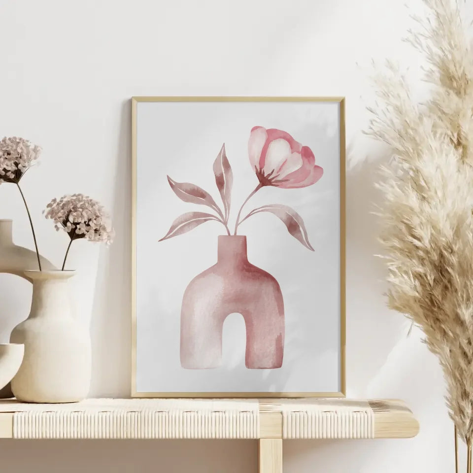 Minimalistische Tonvase mit rosa Blume Poster für stilvolle Räume