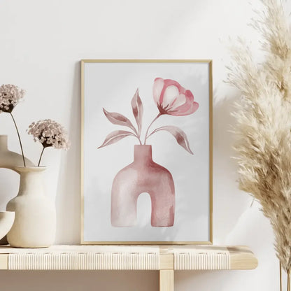 Minimalistische Tonvase mit rosa Blume Poster für stilvolle Räume
