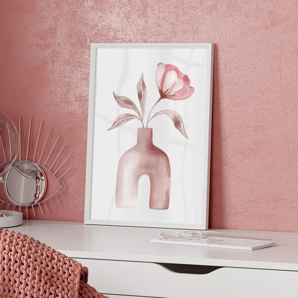 Minimalistische Tonvase mit rosa Blume Poster für stilvolle Räume