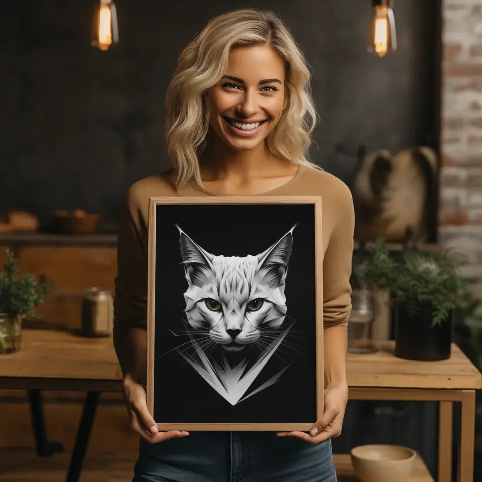 Minimalistisch abstraktes Poster mit Katzengesicht in Weiß