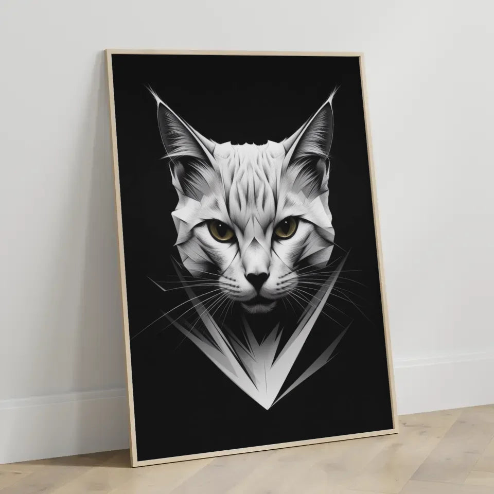 Minimalistisch abstraktes Poster mit Katzengesicht in Weiß