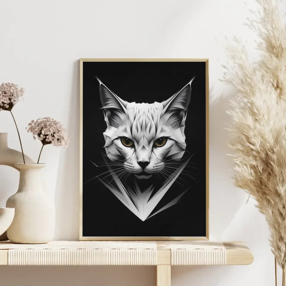 Minimalistisch abstraktes Poster mit Katzengesicht in Weiß