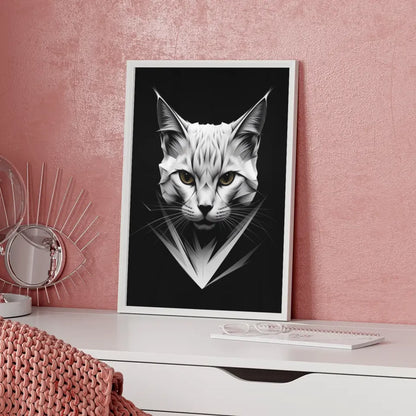 Minimalistisch abstraktes Poster mit Katzengesicht in Weiß
