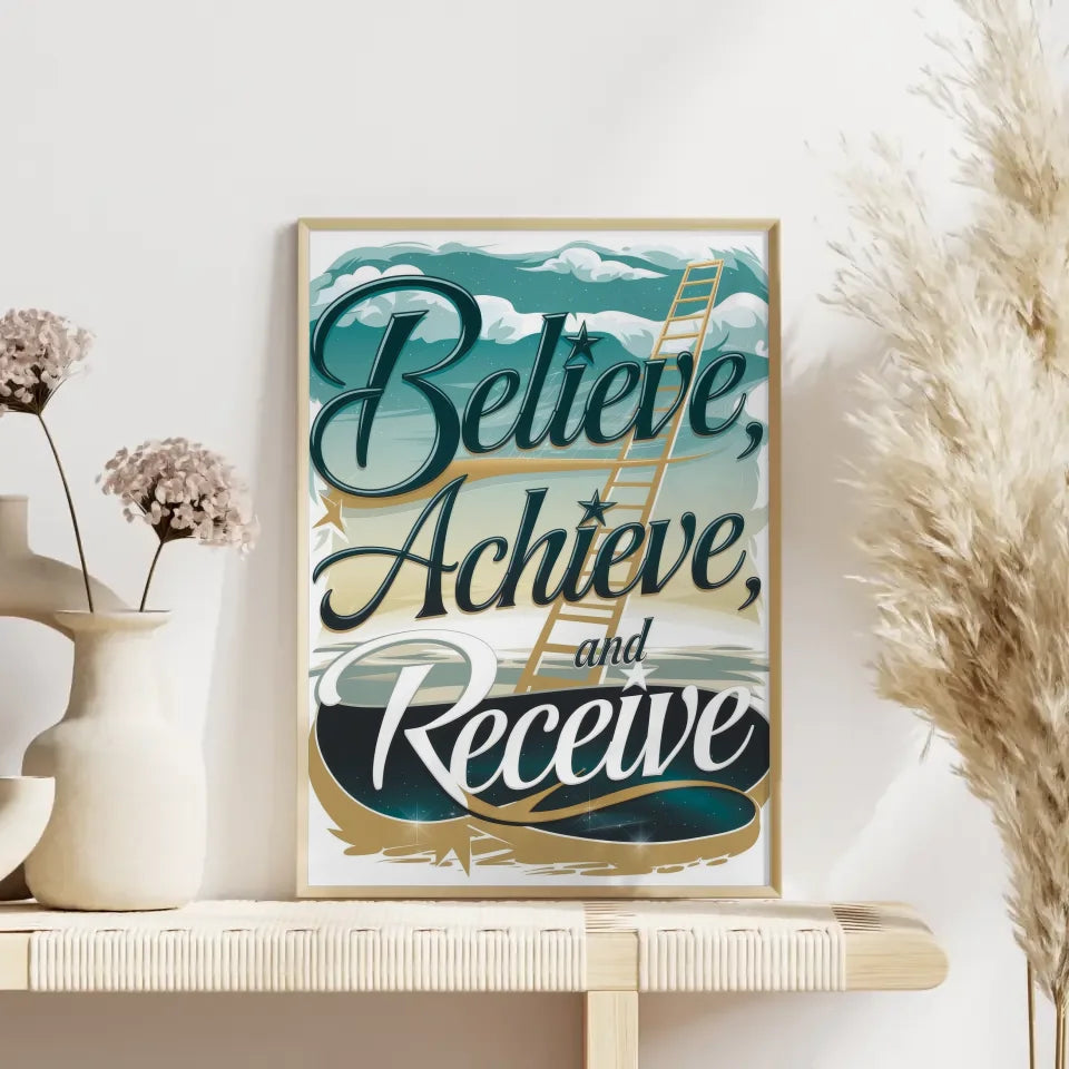 Inspirierendes Poster mit Believe Achieve Receive Motivationsdesign