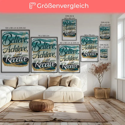 Inspirierendes Poster mit Believe Achieve Receive Motivationsdesign