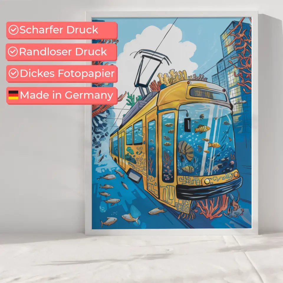 Poster einer futuristischen Seestadt mit leuchtend gelber Straßenbahn