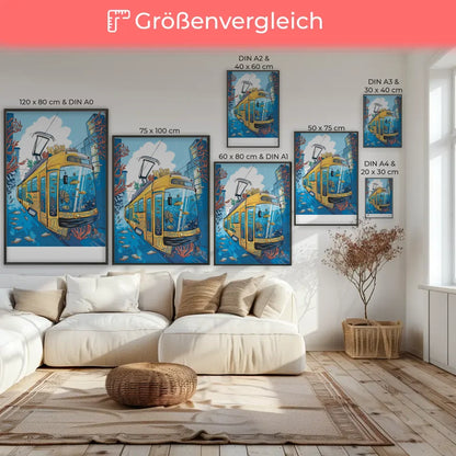 Poster einer futuristischen Seestadt mit leuchtend gelber Straßenbahn