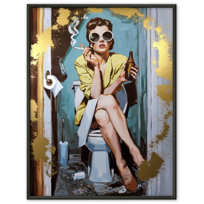 Vintage Poster einer Frau im Badezimmer mit Sonnenbrille und Zigarette