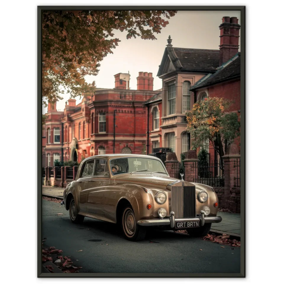 Vintage Poster Englische Dorfstraße mit Oldtimer