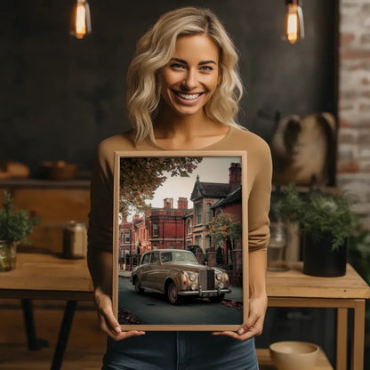 Vintage Poster Englische Dorfstraße mit Oldtimer