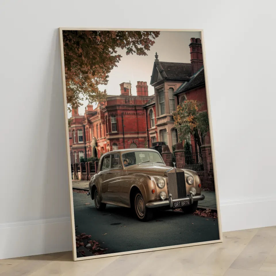 Vintage Poster Englische Dorfstraße mit Oldtimer