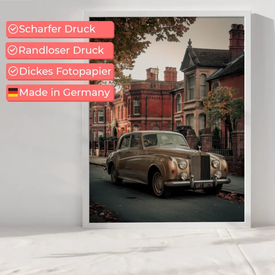 Vintage Poster Englische Dorfstraße mit Oldtimer
