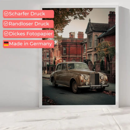 Vintage Poster Englische Dorfstraße mit Oldtimer