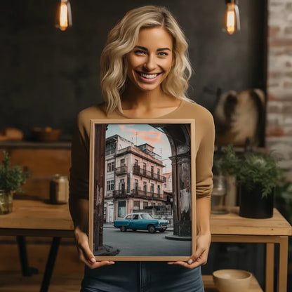 Vintage Poster Stadtstraße mit klassischem Auto