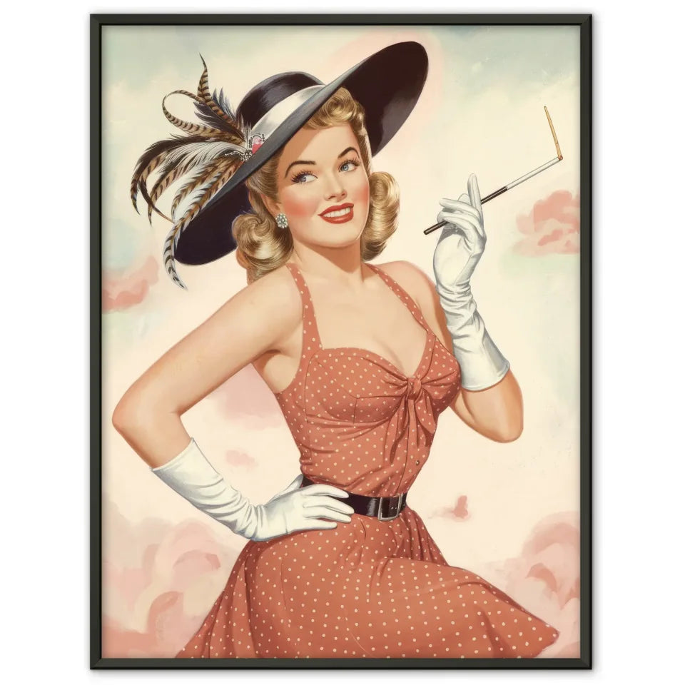 Vintage Pin-up Poster mit rotem Kleid und pastellfarbenem Hintergrund