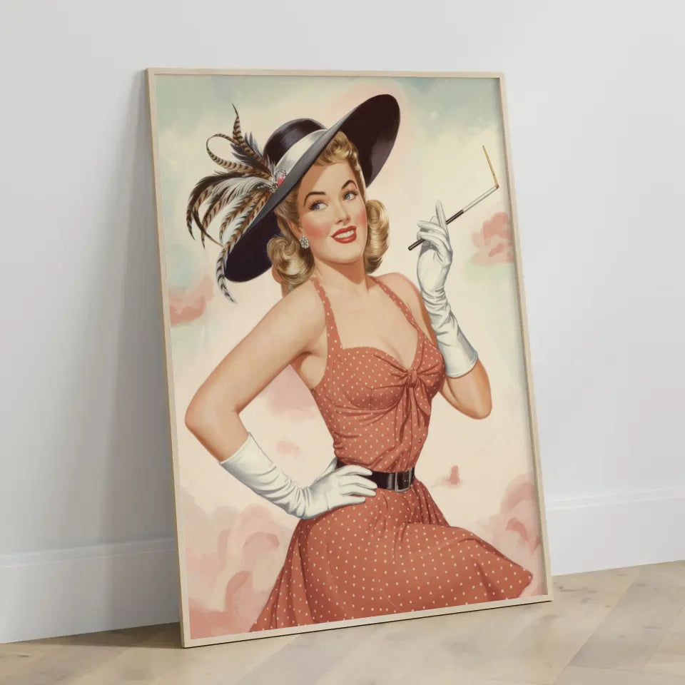Vintage Pin-up Poster mit rotem Kleid und pastellfarbenem Hintergrund