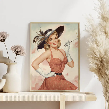 Vintage Pin-up Poster mit rotem Kleid und pastellfarbenem Hintergrund