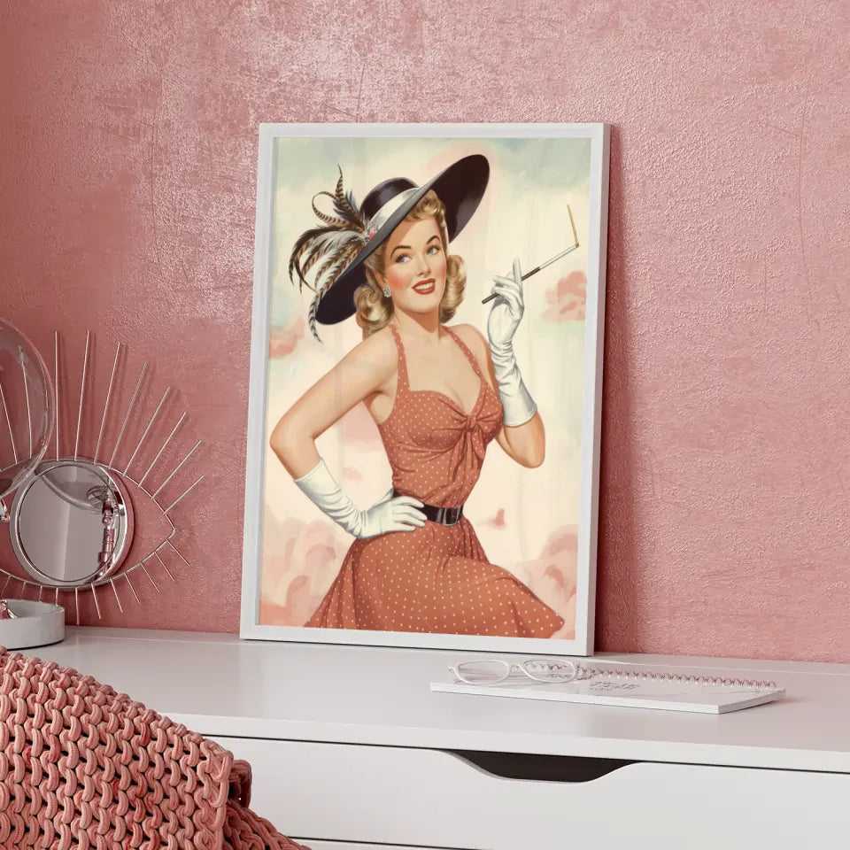 Vintage Pin-up Poster mit rotem Kleid und pastellfarbenem Hintergrund
