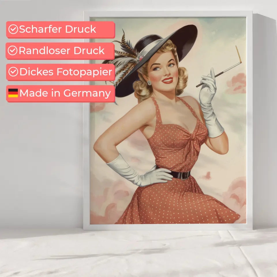 Vintage Pin-up Poster mit rotem Kleid und pastellfarbenem Hintergrund