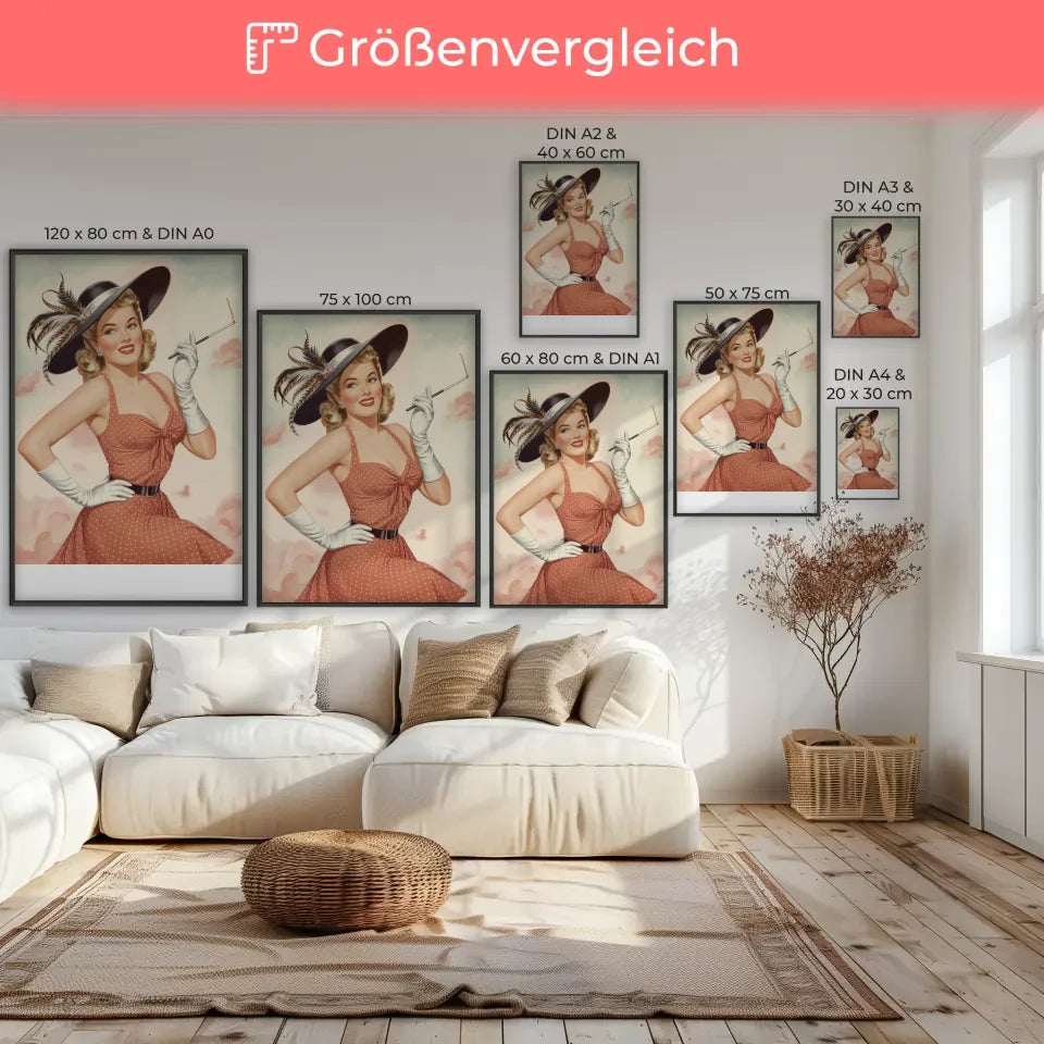 Vintage Pin-up Poster mit rotem Kleid und pastellfarbenem Hintergrund