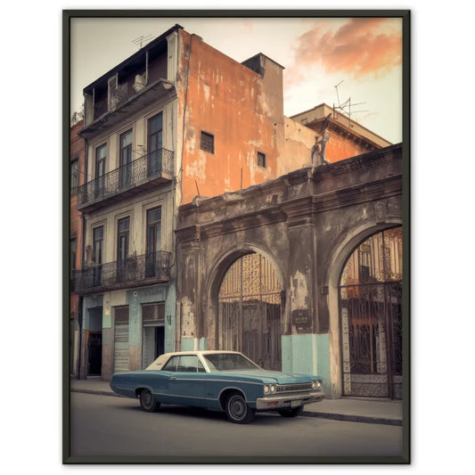 Vintage Poster mit Stadtstraße und klassischem Auto