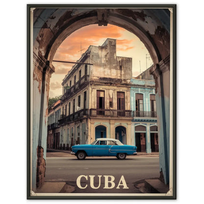 Vintage Poster Kuba Stadtstraße mit blauem Auto