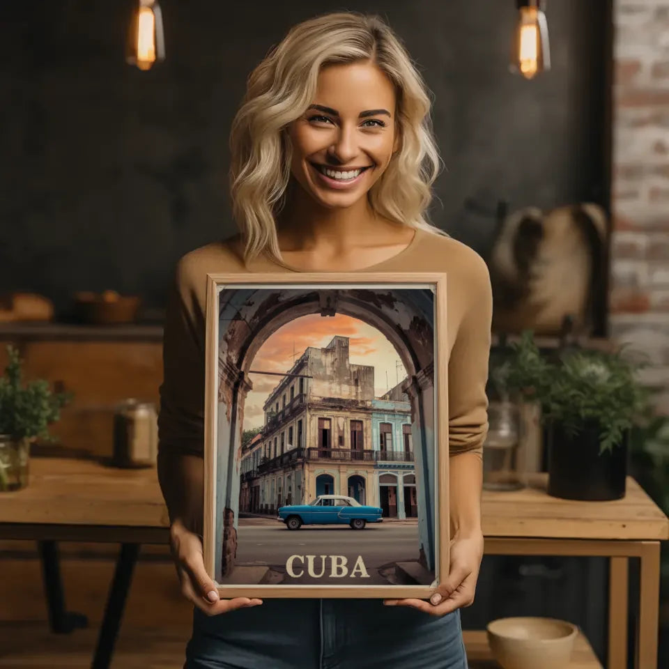 Vintage Poster Kuba Stadtstraße mit blauem Auto