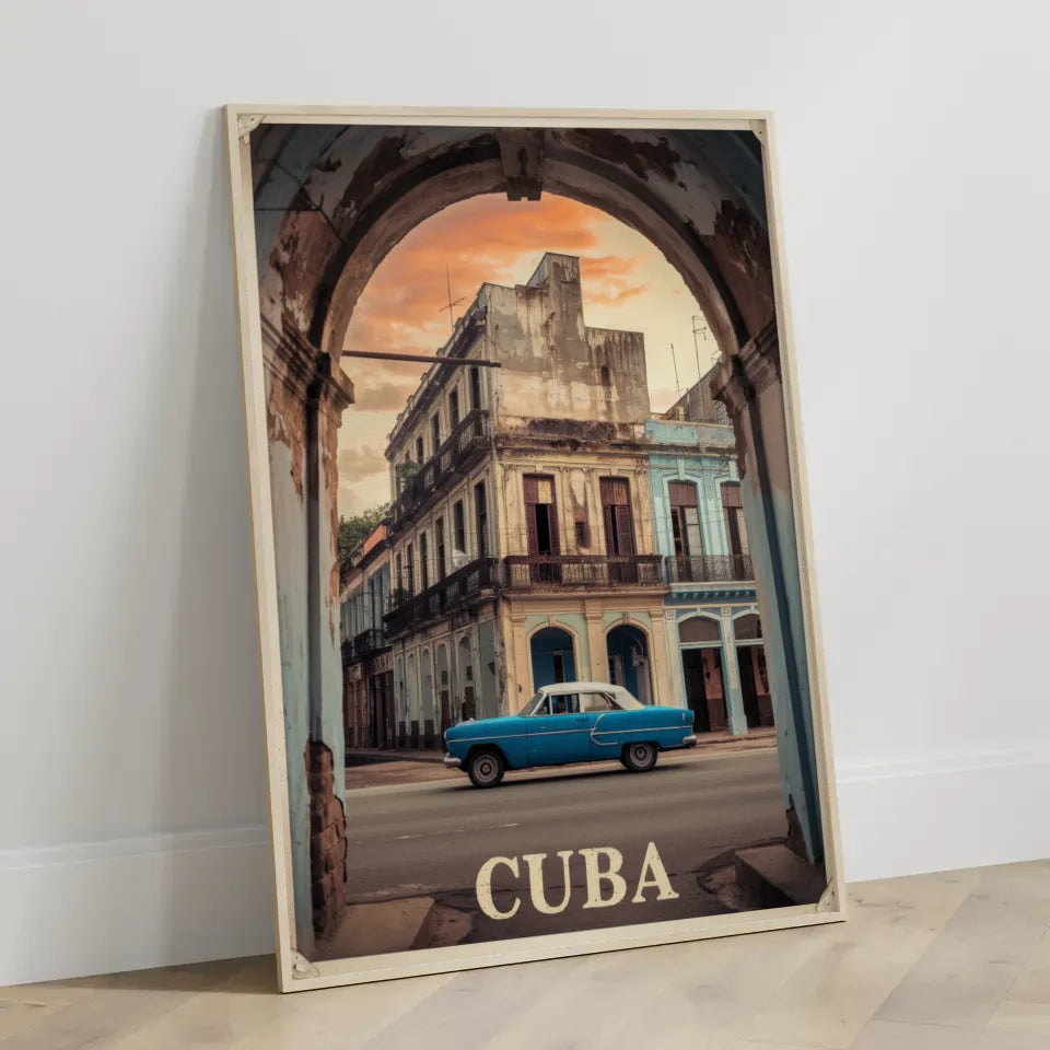 Vintage Poster Kuba Stadtstraße mit blauem Auto