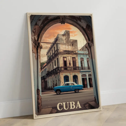 Vintage Poster Kuba Stadtstraße mit blauem Auto