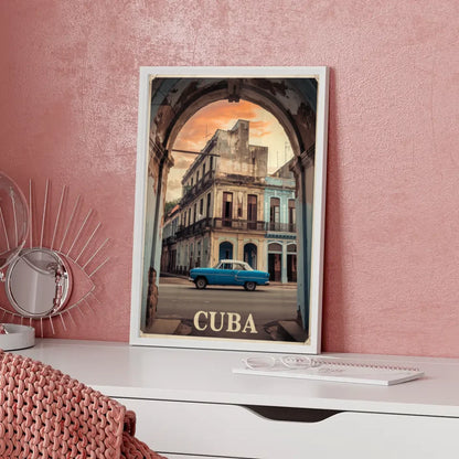 Vintage Poster Kuba Stadtstraße mit blauem Auto
