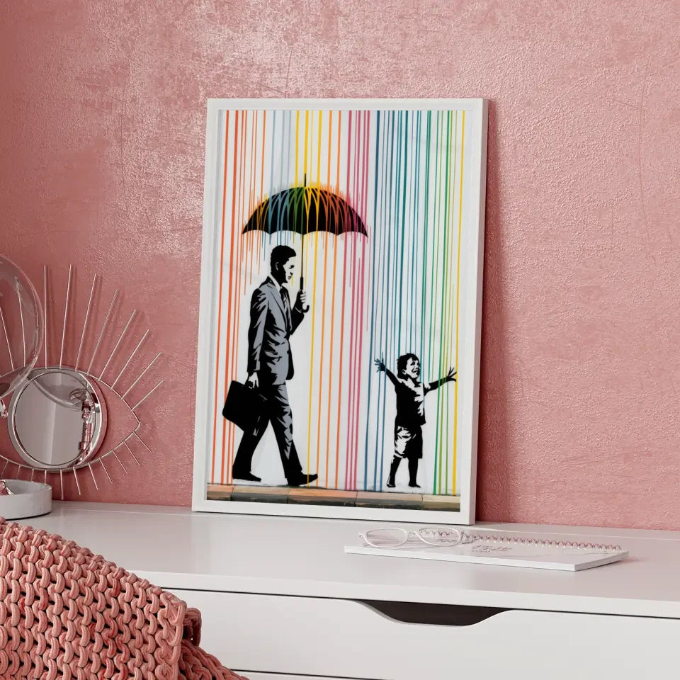 Farbenfrohes Poster mit Straße und Regenkunst erleben