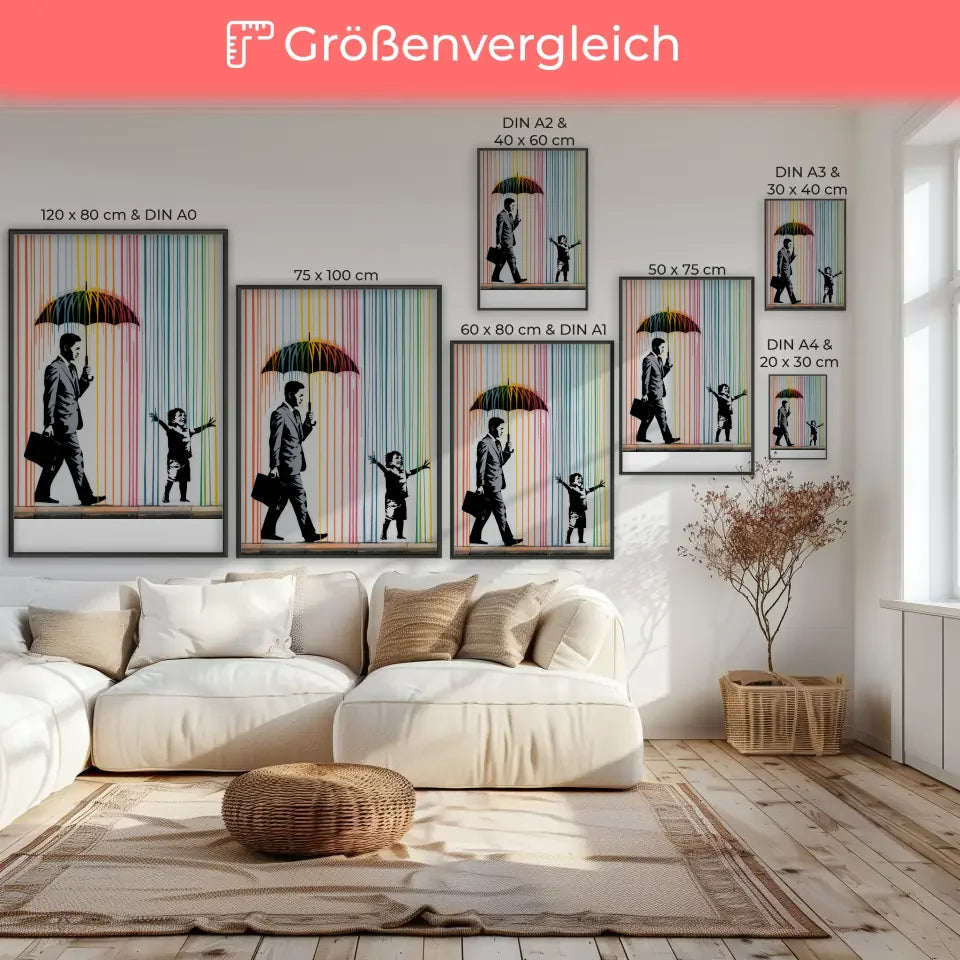 Farbenfrohes Poster mit Straße und Regenkunst erleben